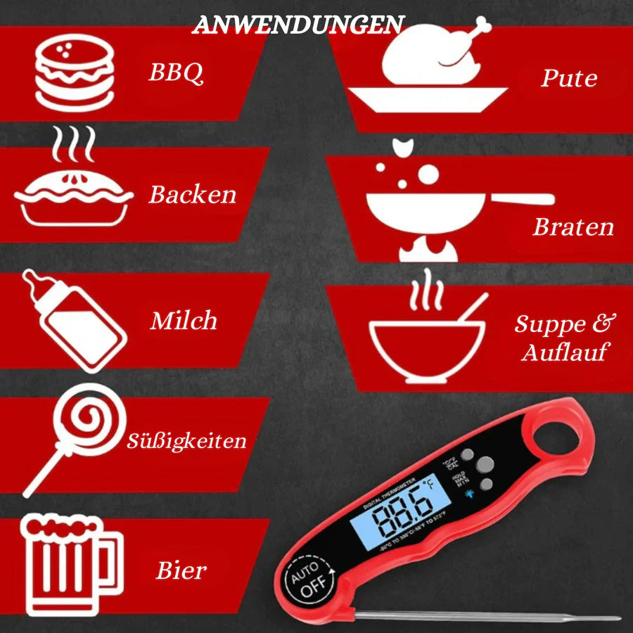 Digitales Küchenthermometer CookMaster - Perfekte Temperaturmessung für Fleisch, Grillen und Backen - Schnell und genau